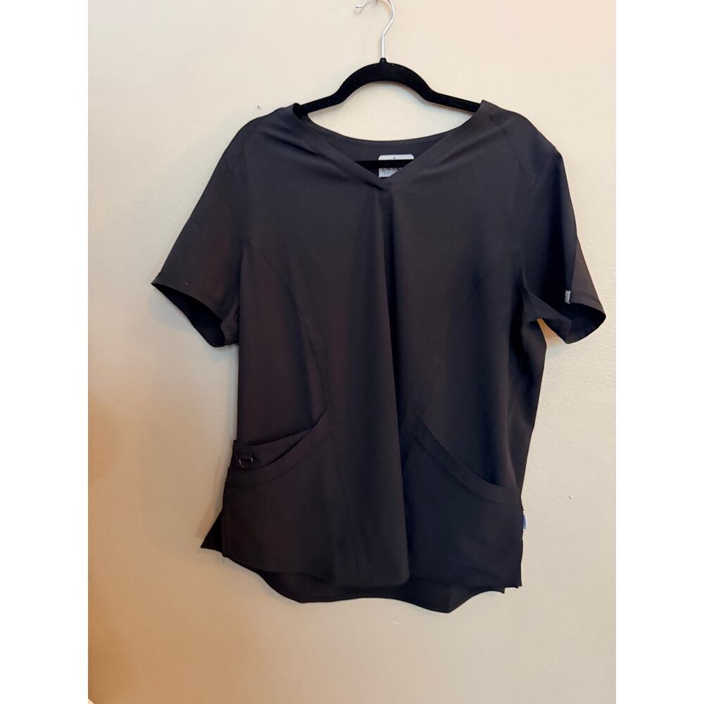 Elements Women's V Neckline Double Pocket Pull On Scrub Top Black Petite XL